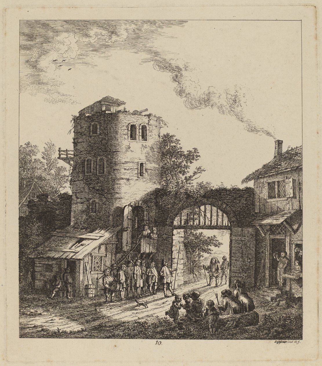 Aldeanos en la puerta de una ciudad saludando a un dignatario de Salomon Gessner