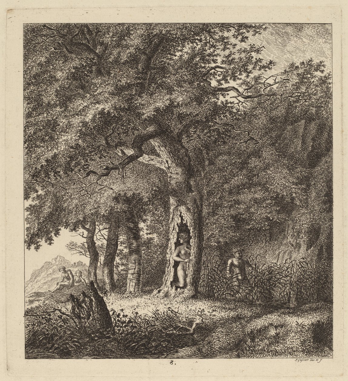 Paisaje boscoso con una ninfa y un sátiro de Salomon Gessner