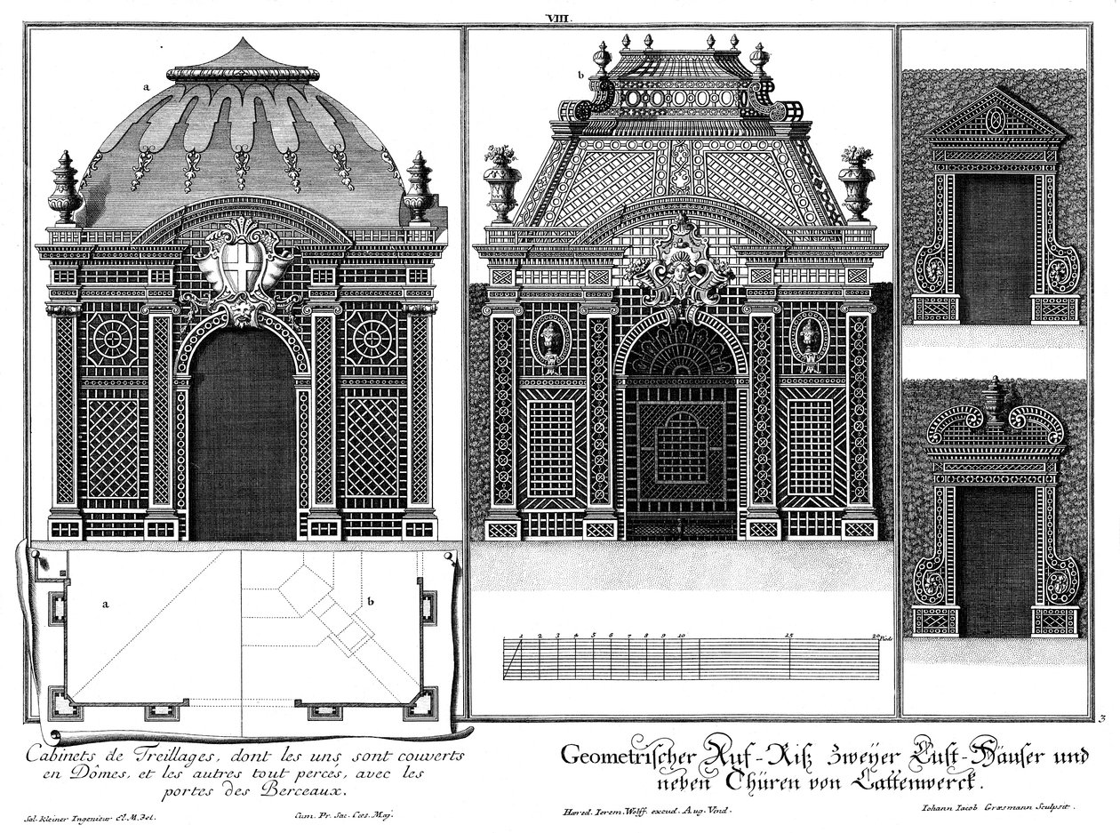 Alzado de dos pabellones de listones y dos puertas de la arcada, planta de dos soluciones de cubierta de Salomon Kleiner