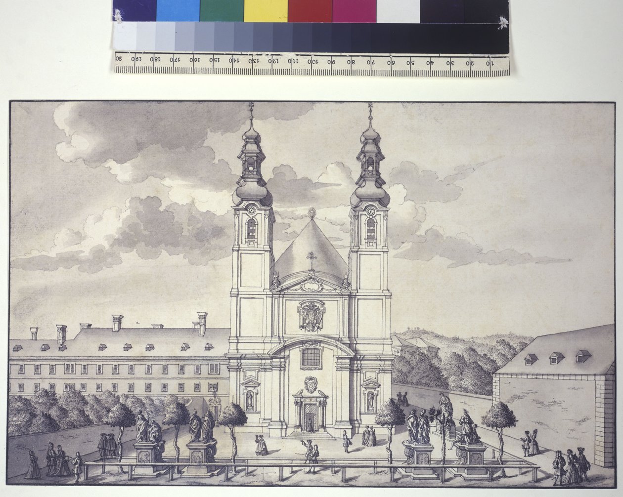 Página completa: vista frontal de la iglesia de los Servitas en el suburbio de Rossau (dibujo a pluma y tinta) de Salomon Kleiner