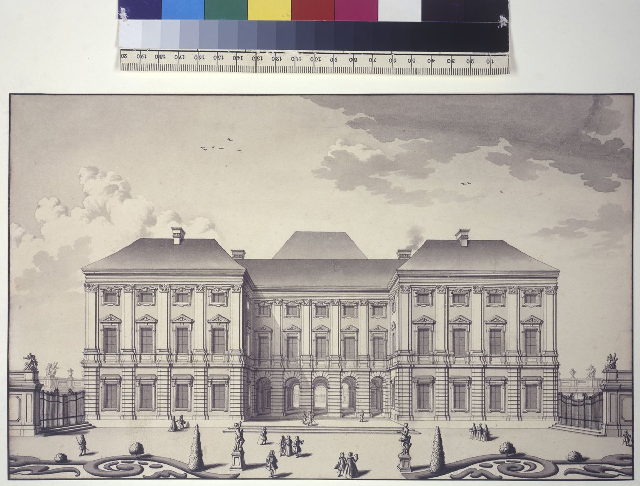 Página completa: vista frontal de la fachada del jardín del Palacio Liechtenstein en Rossau (dibujo a pluma y tinta) de Salomon Kleiner