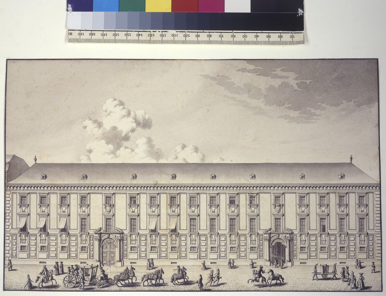 Página completa: vista frontal del palacio en Nos (dibujo a pluma y tinta) de Salomon Kleiner