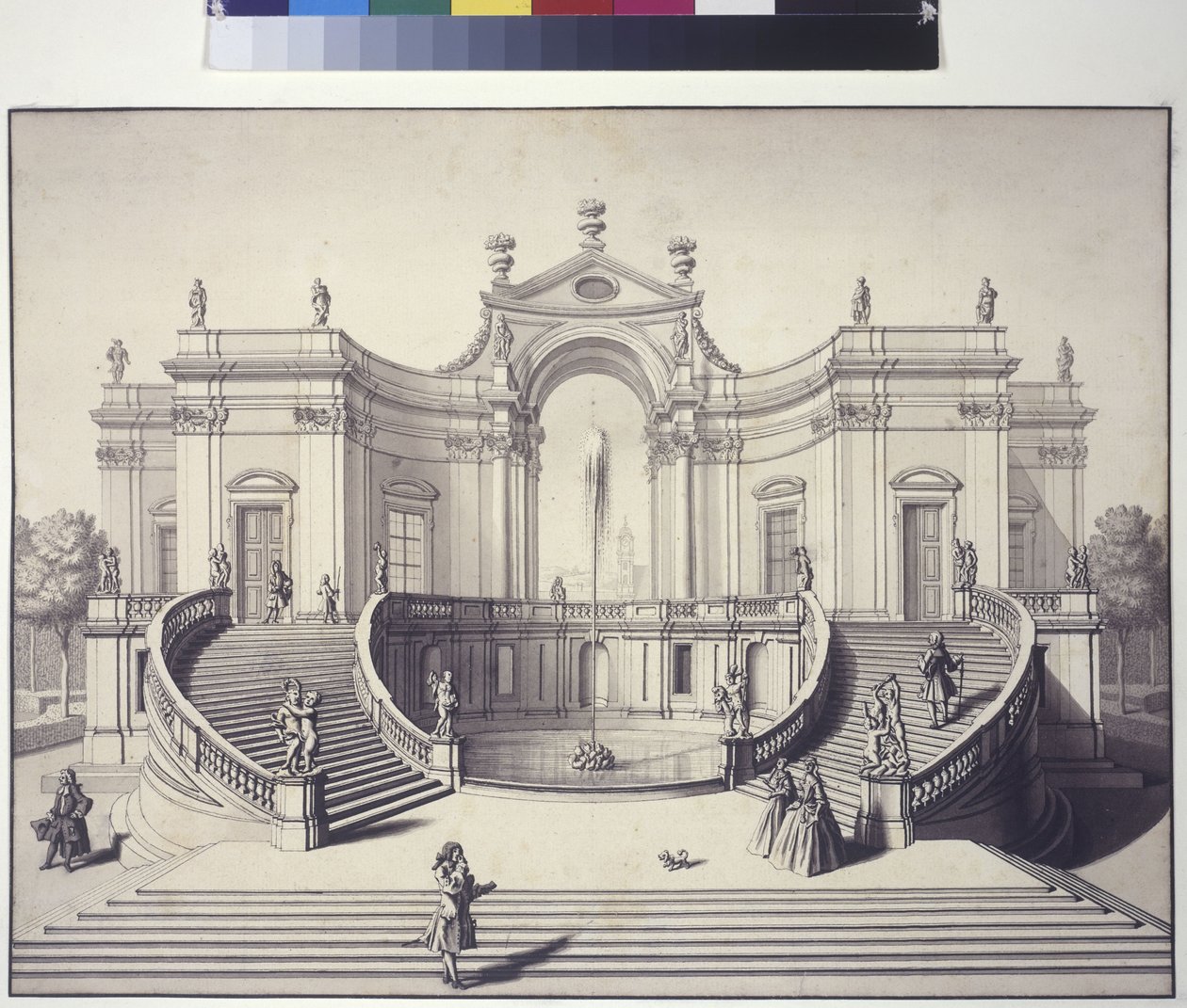 Página completa: palacio ajardinado en los jardines del palacio Liechtenstein, Rossau, Viena (dibujo a pluma y tinta) de Salomon Kleiner