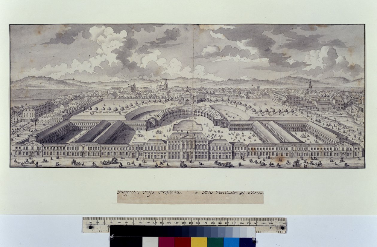 Página completa: vista aérea a gran escala de los establos imperiales hacia los suburbios (pluma, pincel y tinta) de Salomon Kleiner