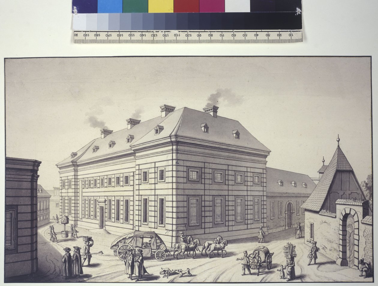Página completa: vista oblicua del invernadero situado frente al palacio-jardín Liechtenstein en Rossau (dibujo a pluma y tinta) de Salomon Kleiner