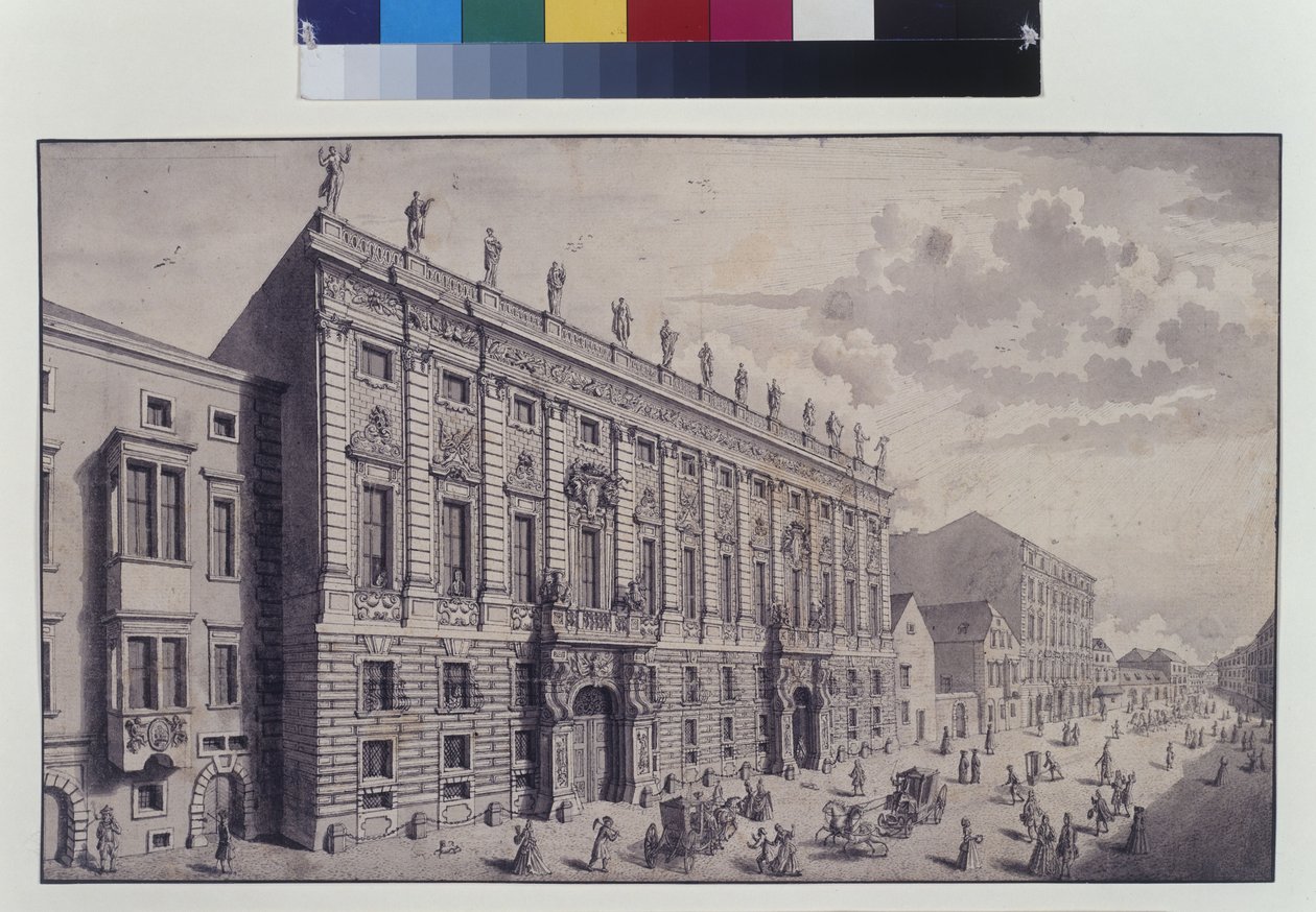 Página completa: vista oblicua del palacio municipal del príncipe Eugenio de Saboya en Himmelpfortgasse (pluma, pincel y tinta) de Salomon Kleiner