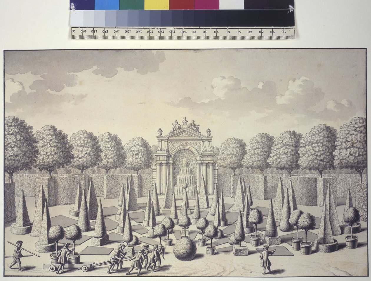 A toda página: vista del Bosquet de Orange dentro de un parterre de prados en los jardines del palacio Liechtenstein en Rossau de Salomon Kleiner