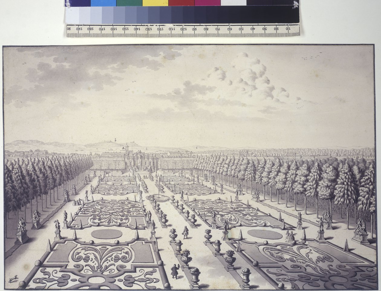 Página completa: vista de los jardines del Palacio Liechtenstein en Rossau de Salomon Kleiner