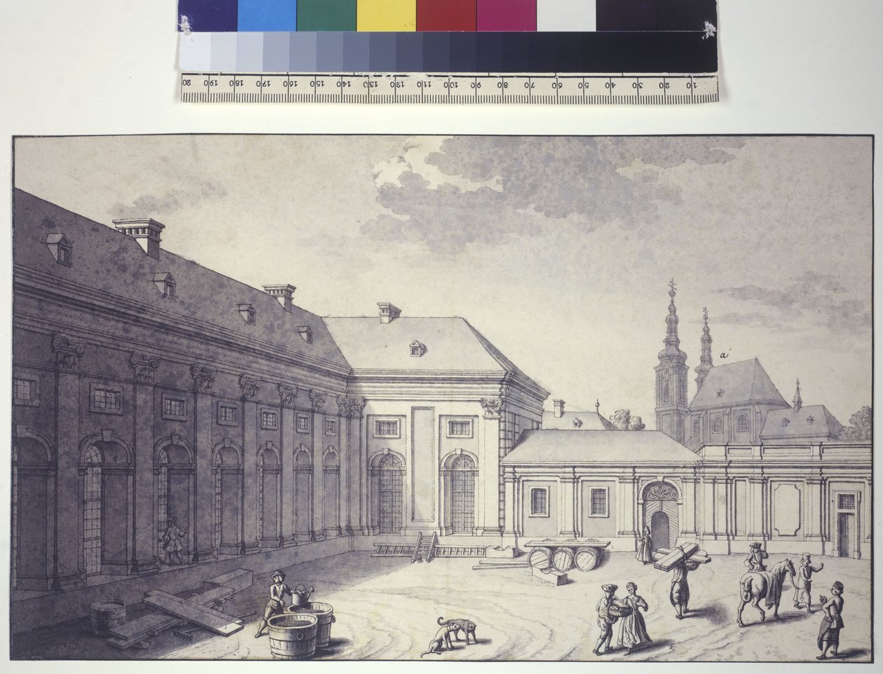 Página completa: vista de la fachada del patio interior del invernadero (dibujo a pluma y tinta) de Salomon Kleiner