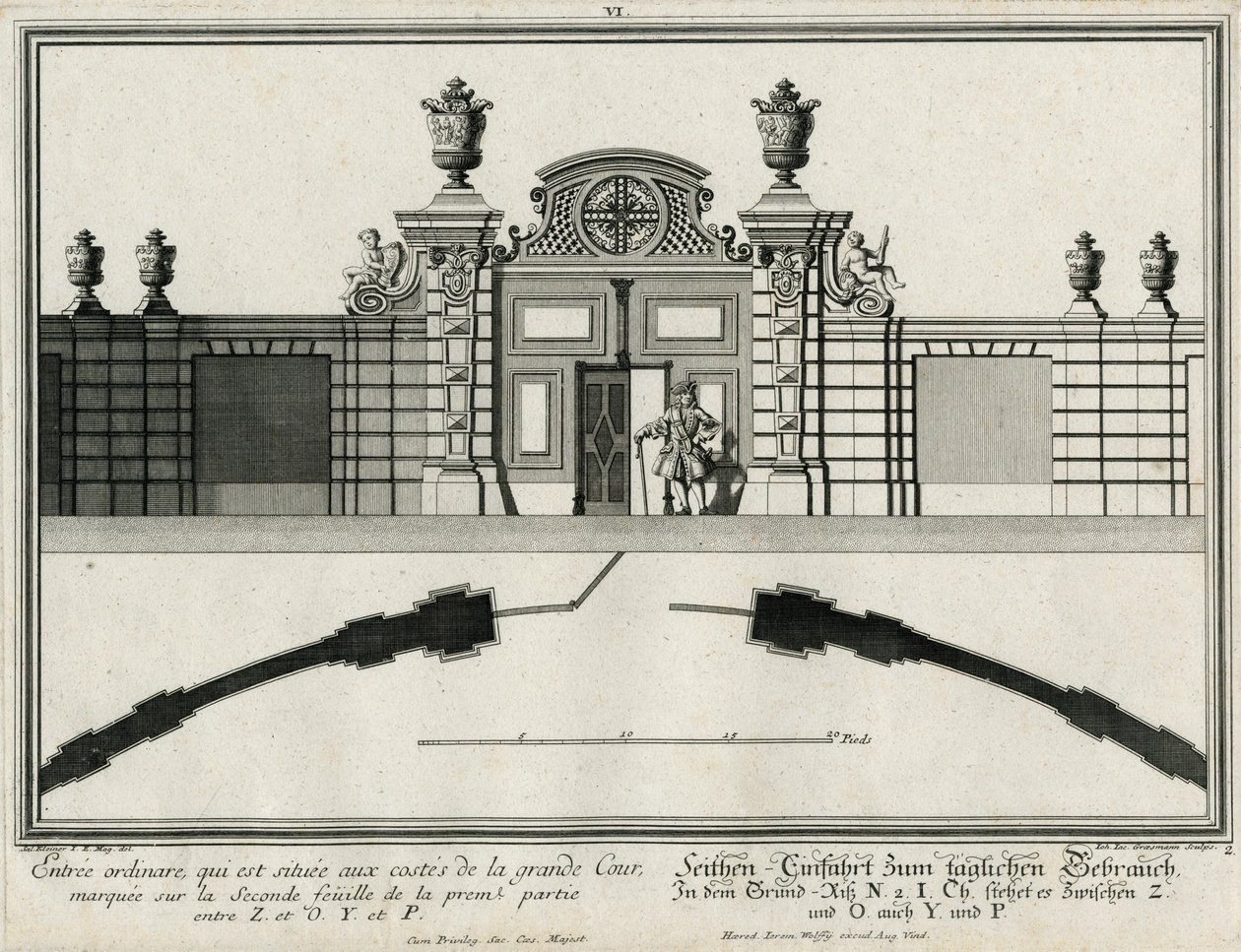 Planta y alzado de una puerta lateral del cour d