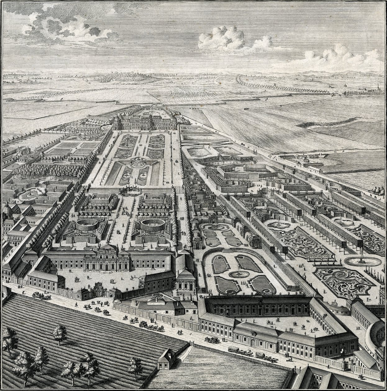 Perspectiva del jardín del Príncipe Eugenio y los jardines adyacentes del convento salesiano y el Príncipe Schwarzenberg de Salomon Kleiner