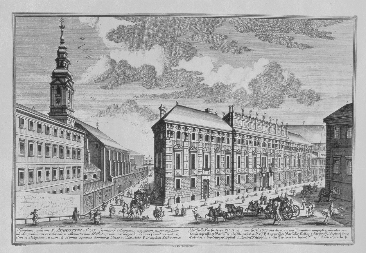 Vista de la Dorotheergasse mostrando el Stallburg y la iglesia del monasterio del Dorotheum grabado por Hieronymous Sperling de Salomon Kleiner