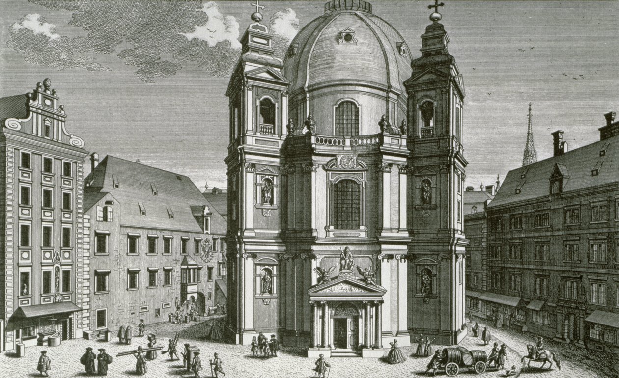 Vista de la Peterskirche, Viena grabado por Johann Bernard Hattinger de Salomon Kleiner