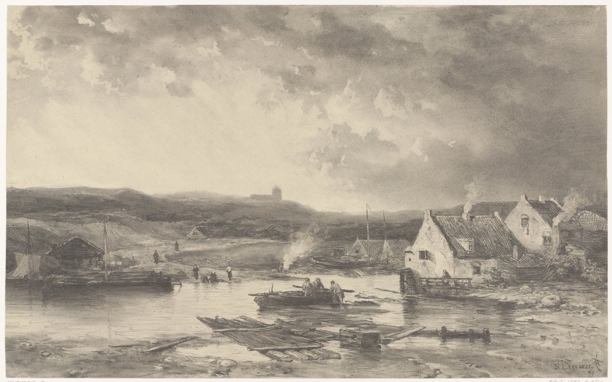Paisaje fluvial con algunas casas y un molino de agua de Salomon Leonardus Verveer