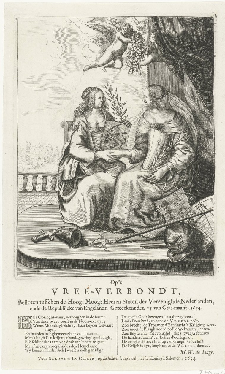 Frase a la Paz de Westminster, 1654 En el Vree-Verbondt, Cerrado entre lo alto: Moog: Heeren Staten der Vereenighde Nederland, ende Republikcke van Englandt. Geteeckent den 15 van Gras-maant, 1654 (título sobre el objeto) de Salomon Pietersz. Lachair