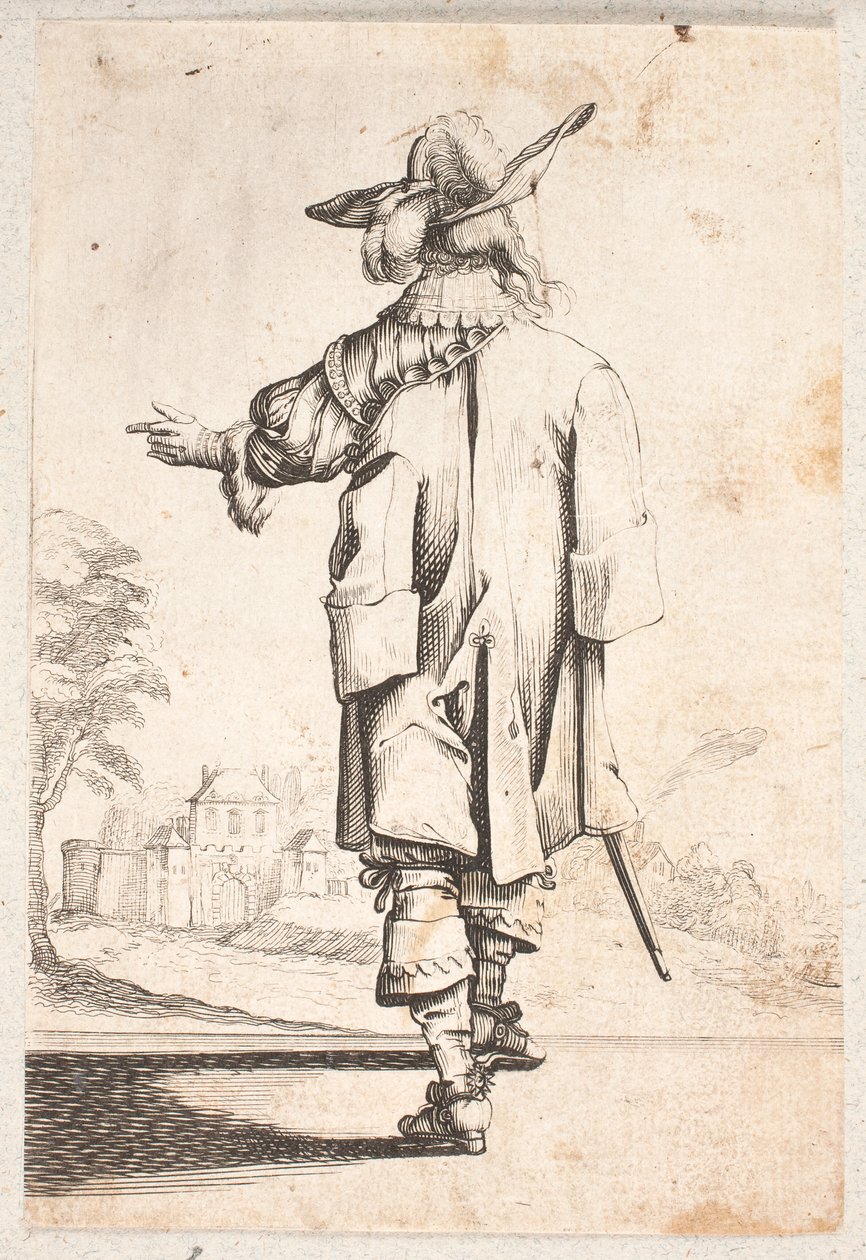 Caballero visto desde atrás: gesticula con la mano izquierda. Lleva capa y sombrero con plumas. Ciudad amurallada y puerta al fondo de Salomon Savery