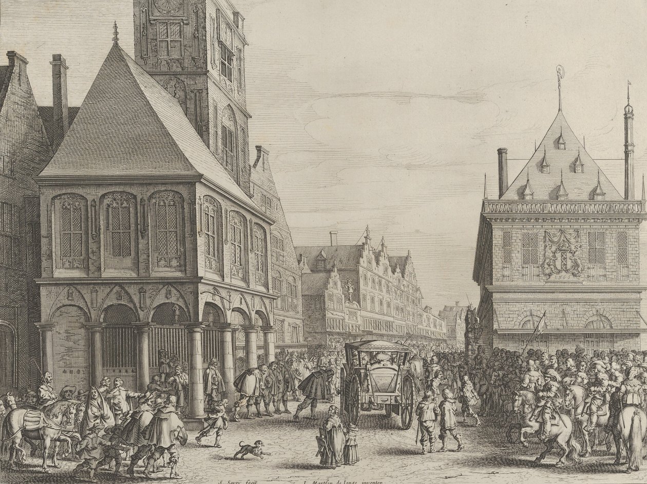 Magistrados de la ciudad despidiéndose de María de Médici frente al ayuntamiento, de Caspar Barlaeu de Salomon Savery