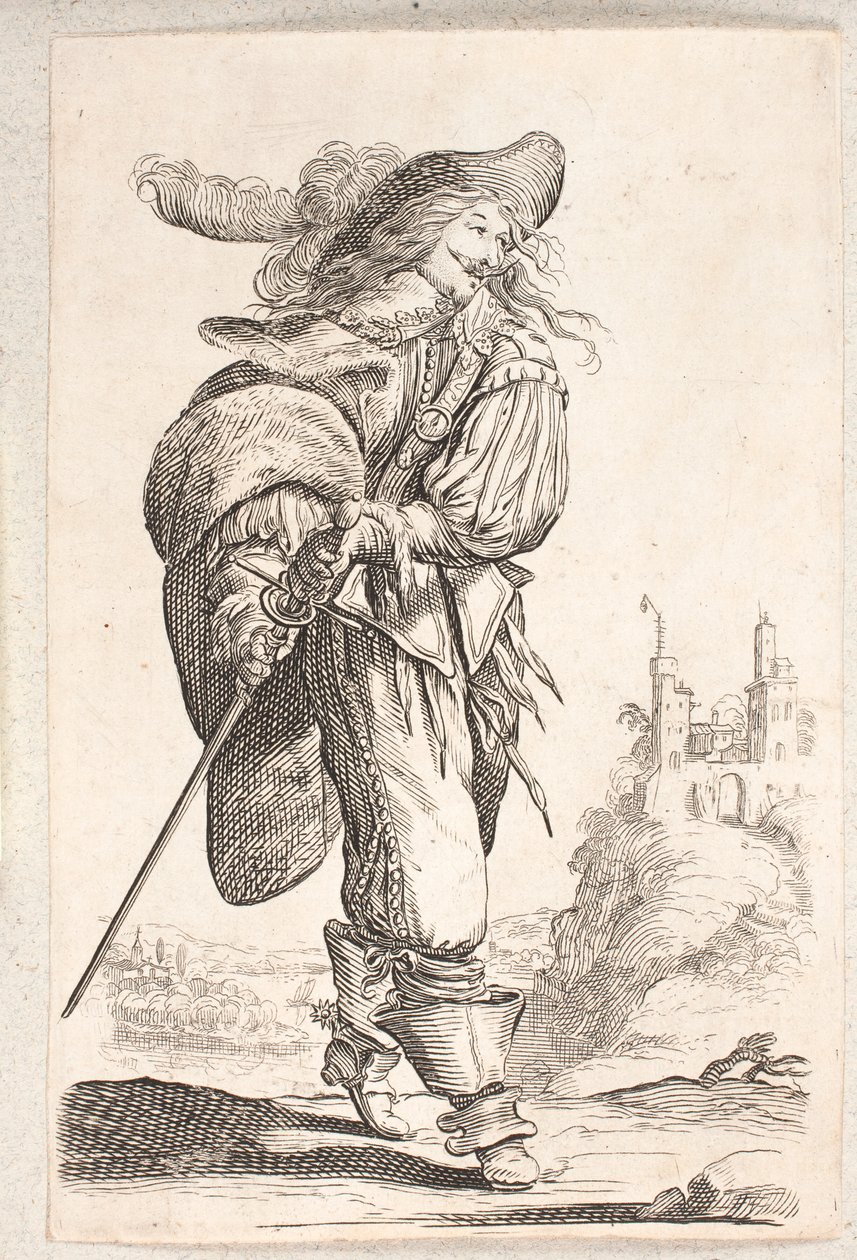 Hombre caminando, perfil tres cuartos a la derecha, agarrando la espada en su cadera. En el fondo un castillo de Salomon Savery