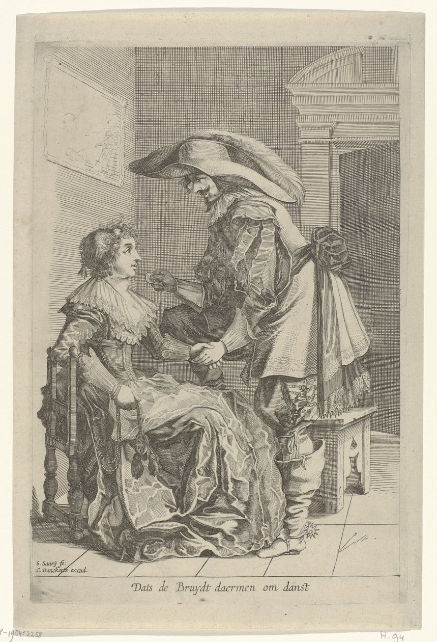 El hombre le ofrece una moneda a una mujer Dats de Bruydt daermen om danst (título sobre el objeto) de Salomon Savery