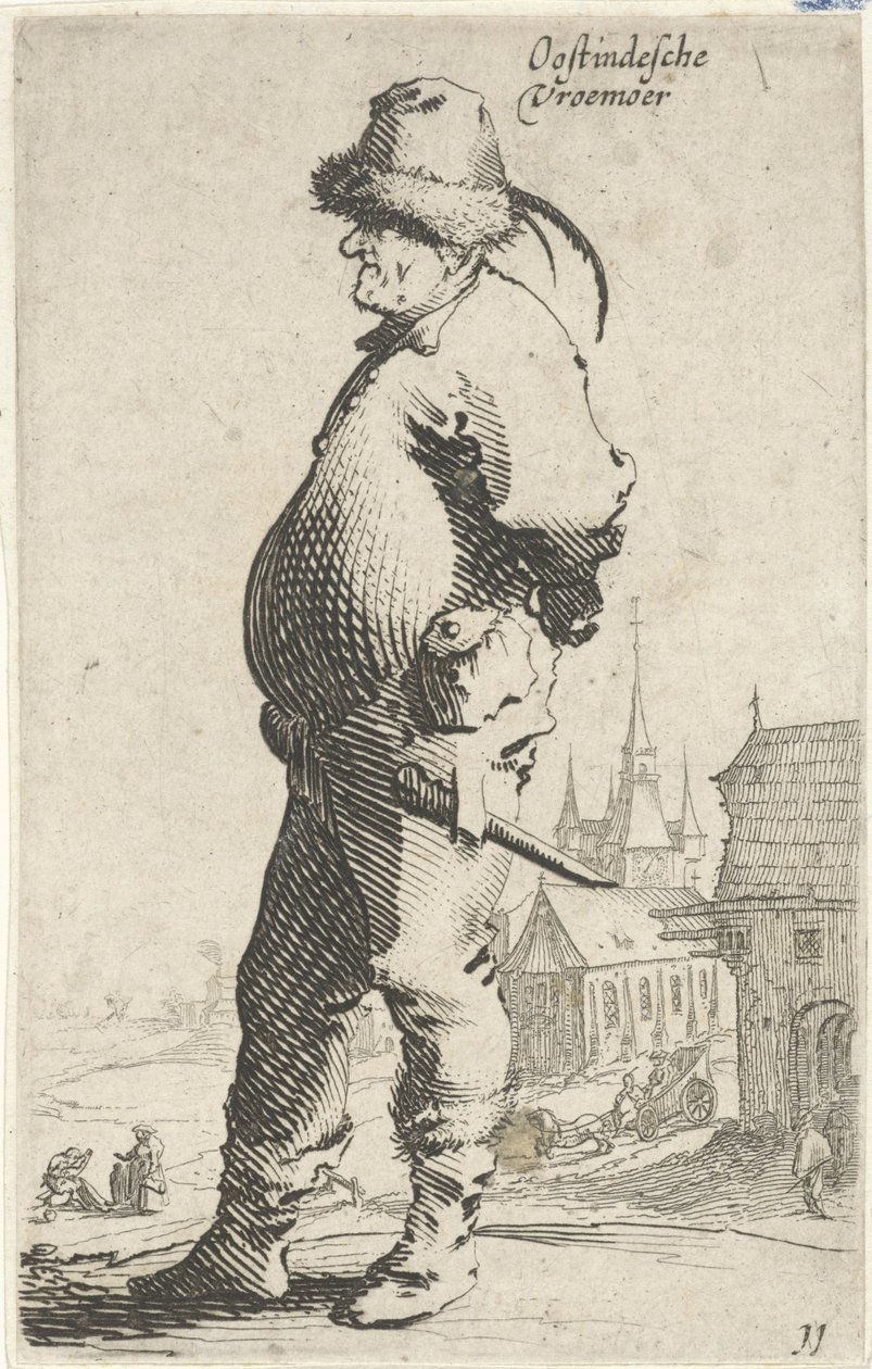 Hombre de perfil, al fondo una iglesia y un edificio con galería Oostindesche vroemoer (título sobre objeto) T