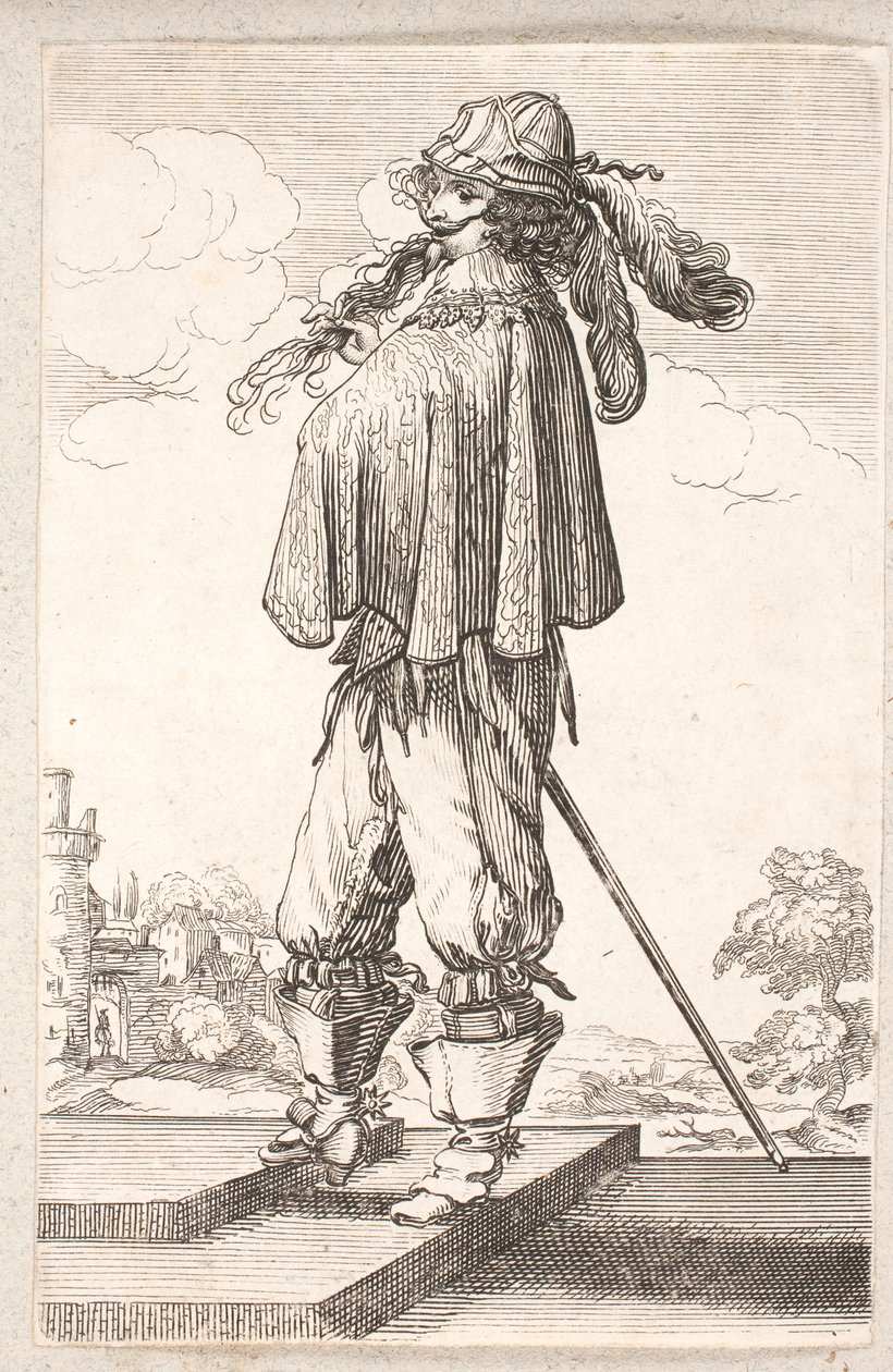 Hombre, perfil hacia la izquierda, con espada y sombrero con plumas, subiendo dos escalones de Salomon Savery