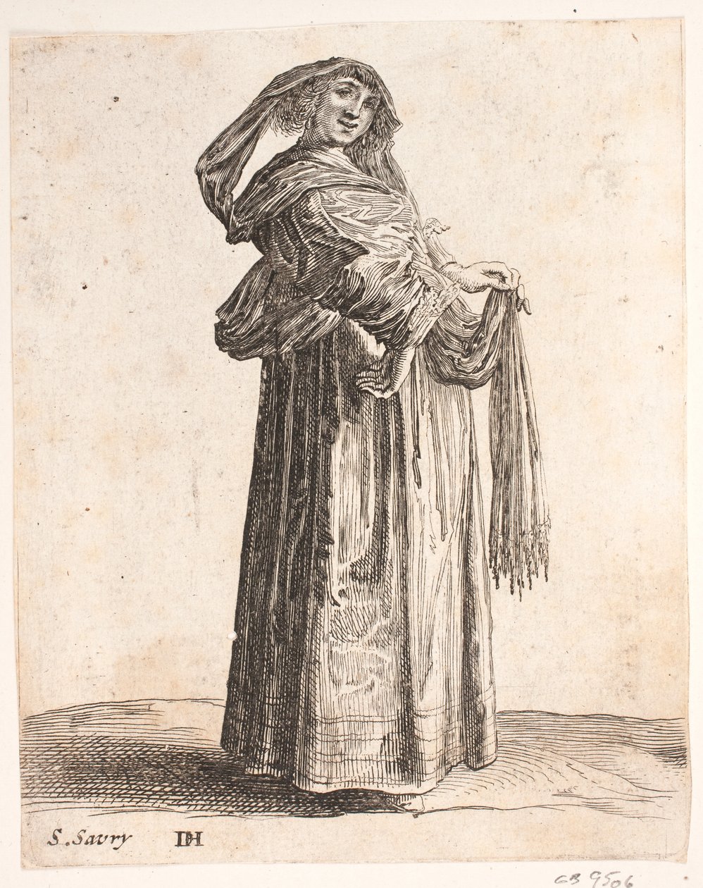 Mujer de pie en perfil derecho. Cabeza girada al frente. Lleva pañuelo en el cabello de Salomon Savery