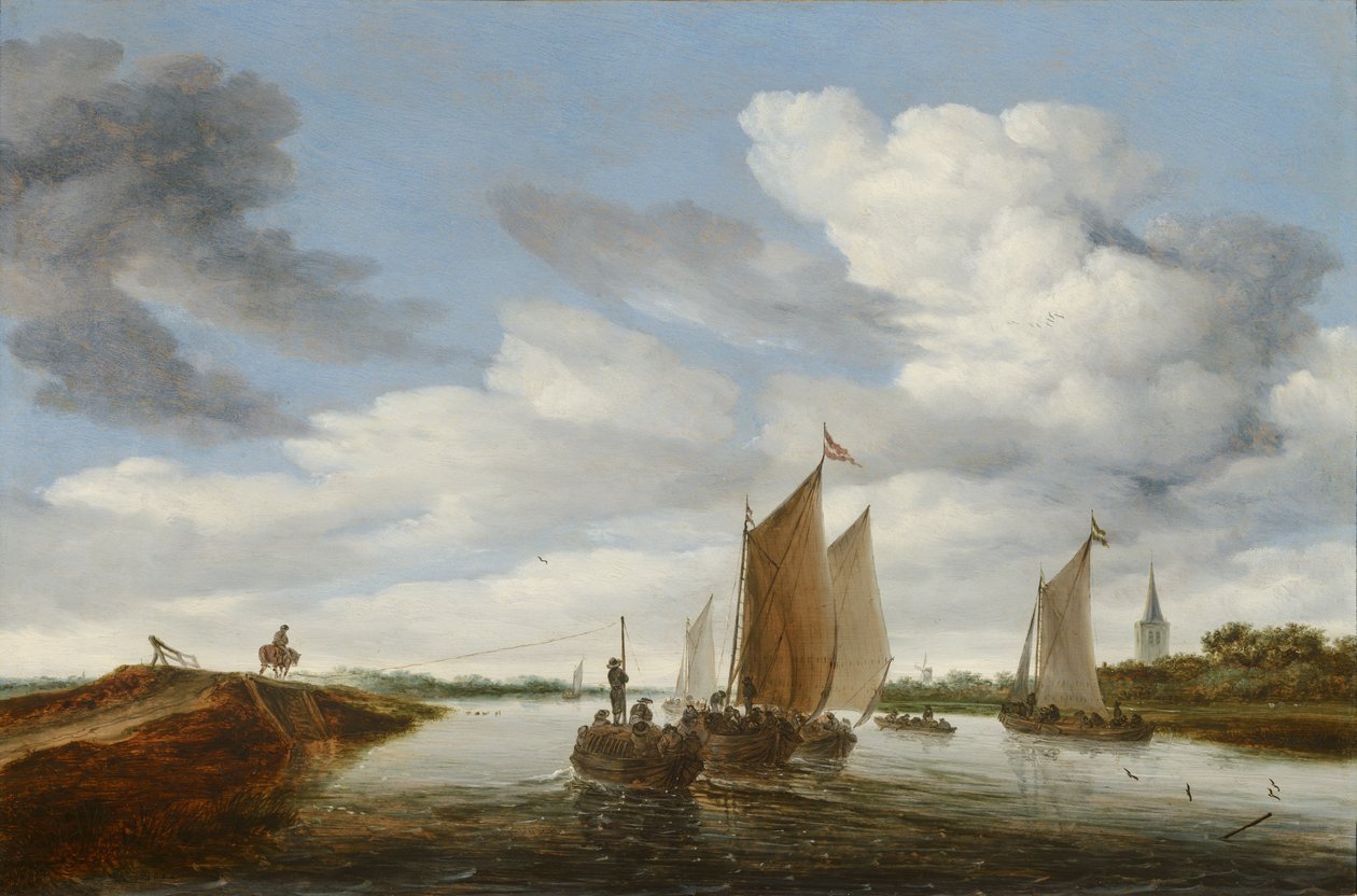 Paisaje fluvial con veleros y una barcaza tirada por caballos de Salomon van Ruysdael