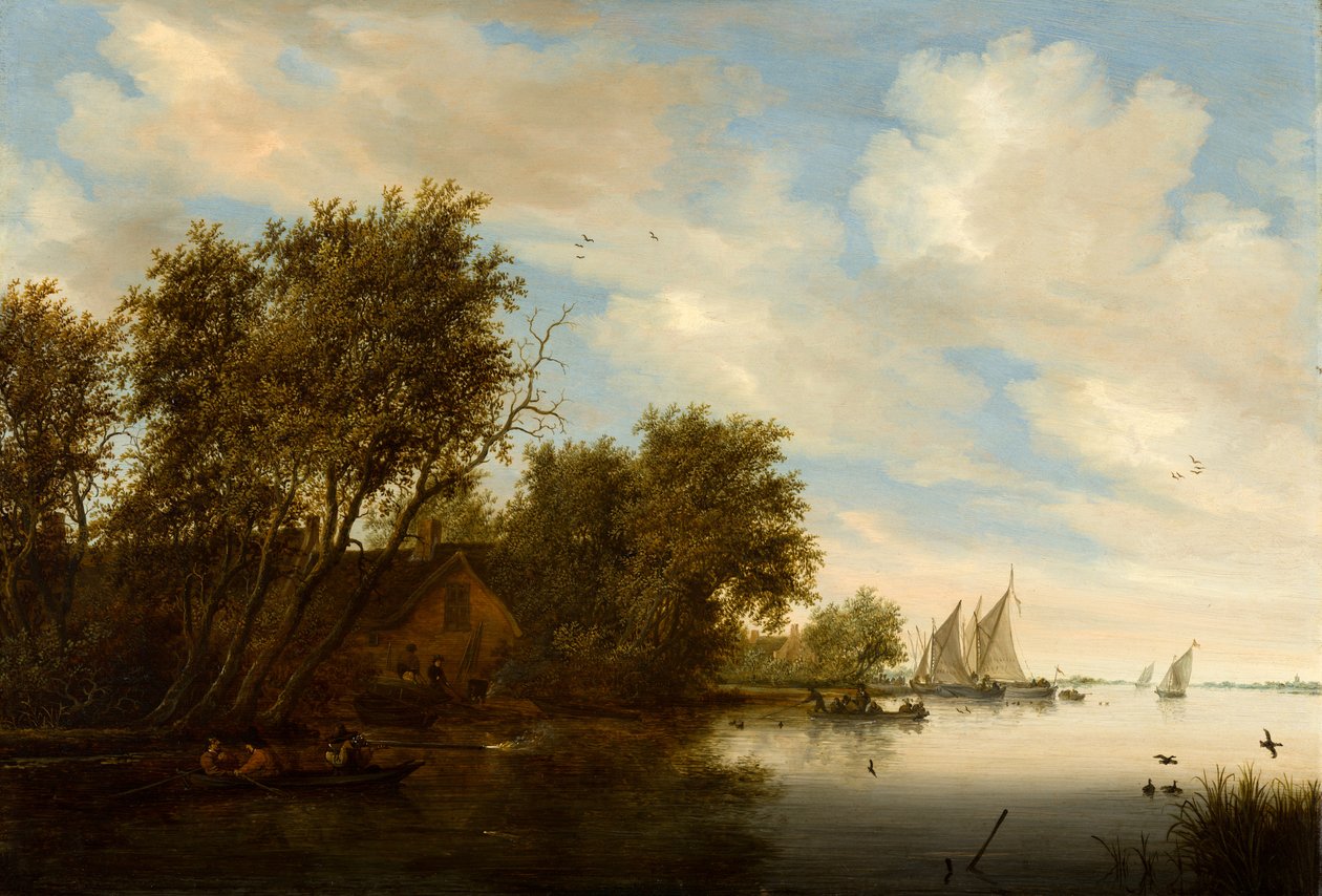 Vista de río con un hombre cazando patos de Salomon van Ruysdael