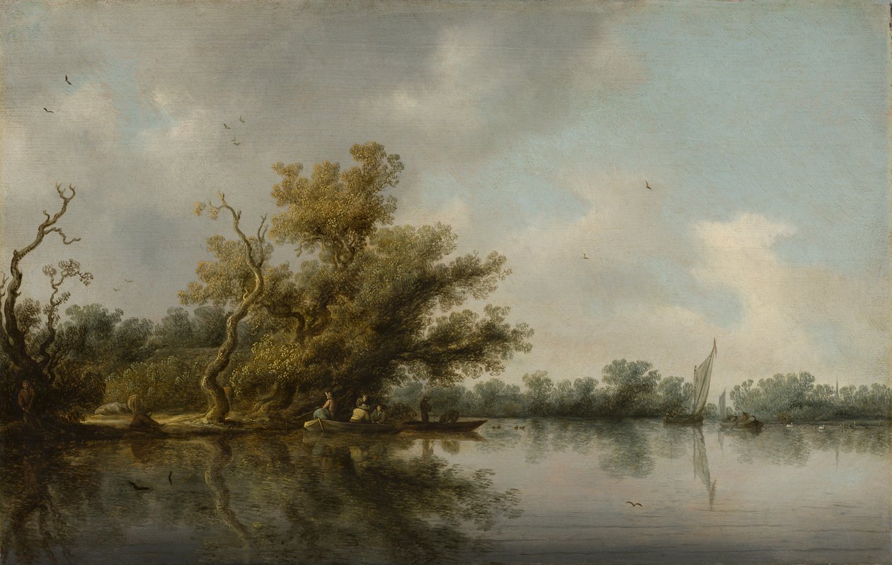 Orilla de río con árboles viejos de Salomon van Ruysdael