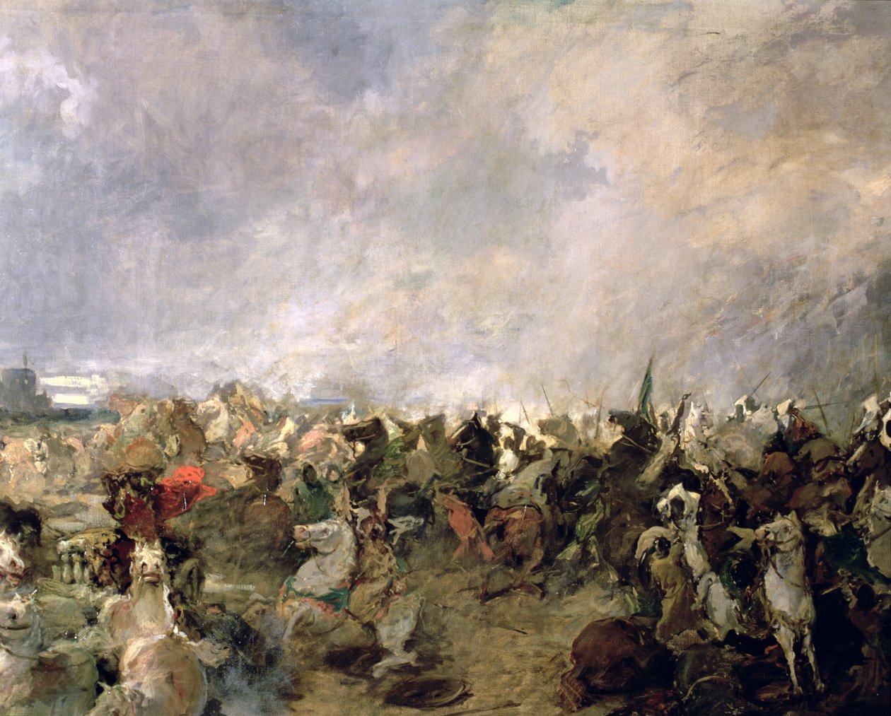 La batalla de Guadalete detalle de la huida de los godos del mando del rey Roderic en presencia de la caballería musulmana de Tarik Ibn Ziyad, 711 d.C. (óleo sobre lienzo) (detalle) de Salvador Martinez Cubells