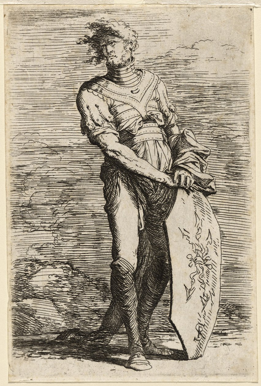 Un Guerrero de Pie Sosteniendo un Escudo Octagonal Alargado, c.1656-57 de Salvator Rosa