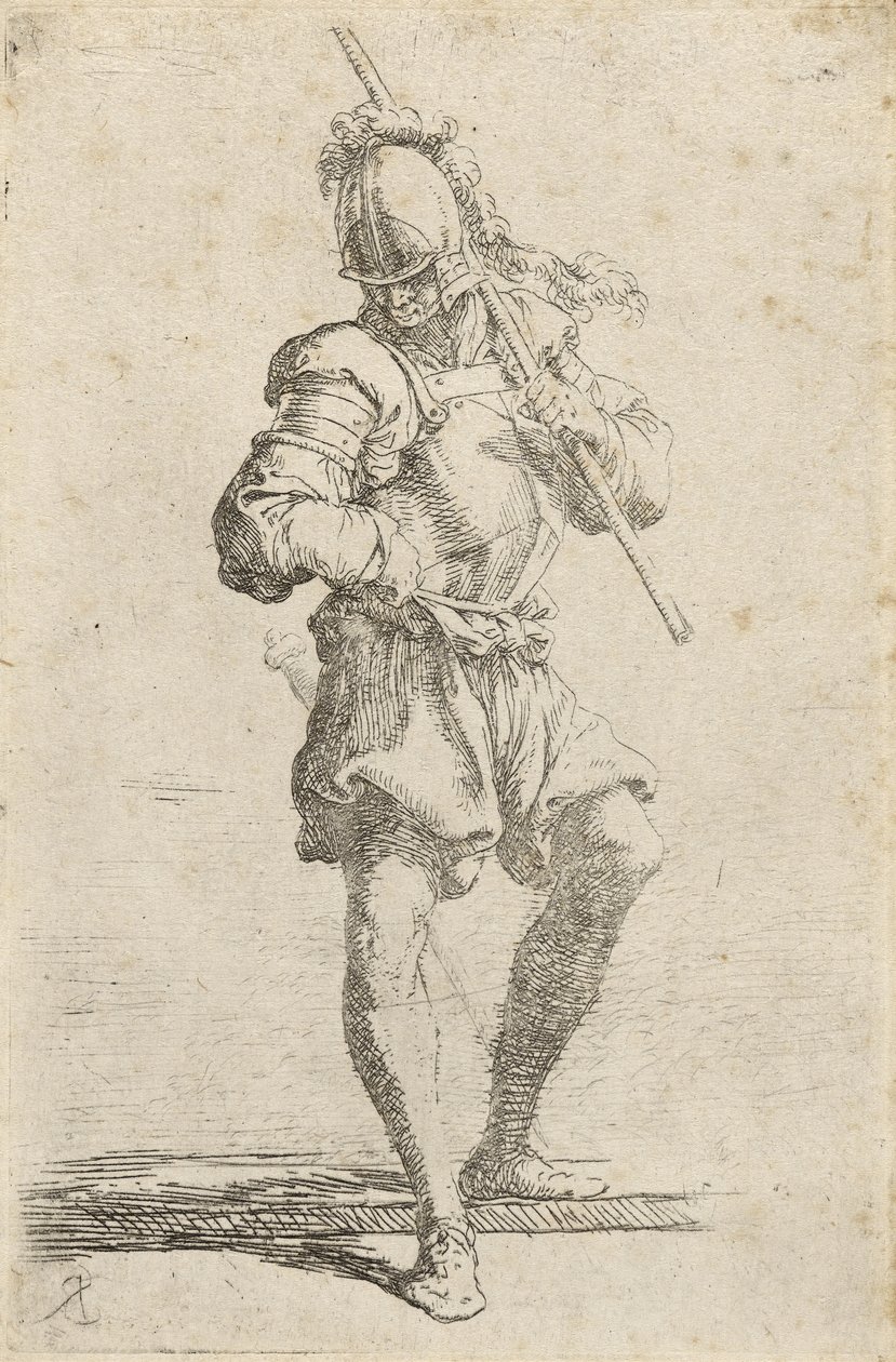 Un Guerrero, sosteniendo un bastón sobre su hombro y bajando de un borde bajo, c.1656-57 de Salvator Rosa
