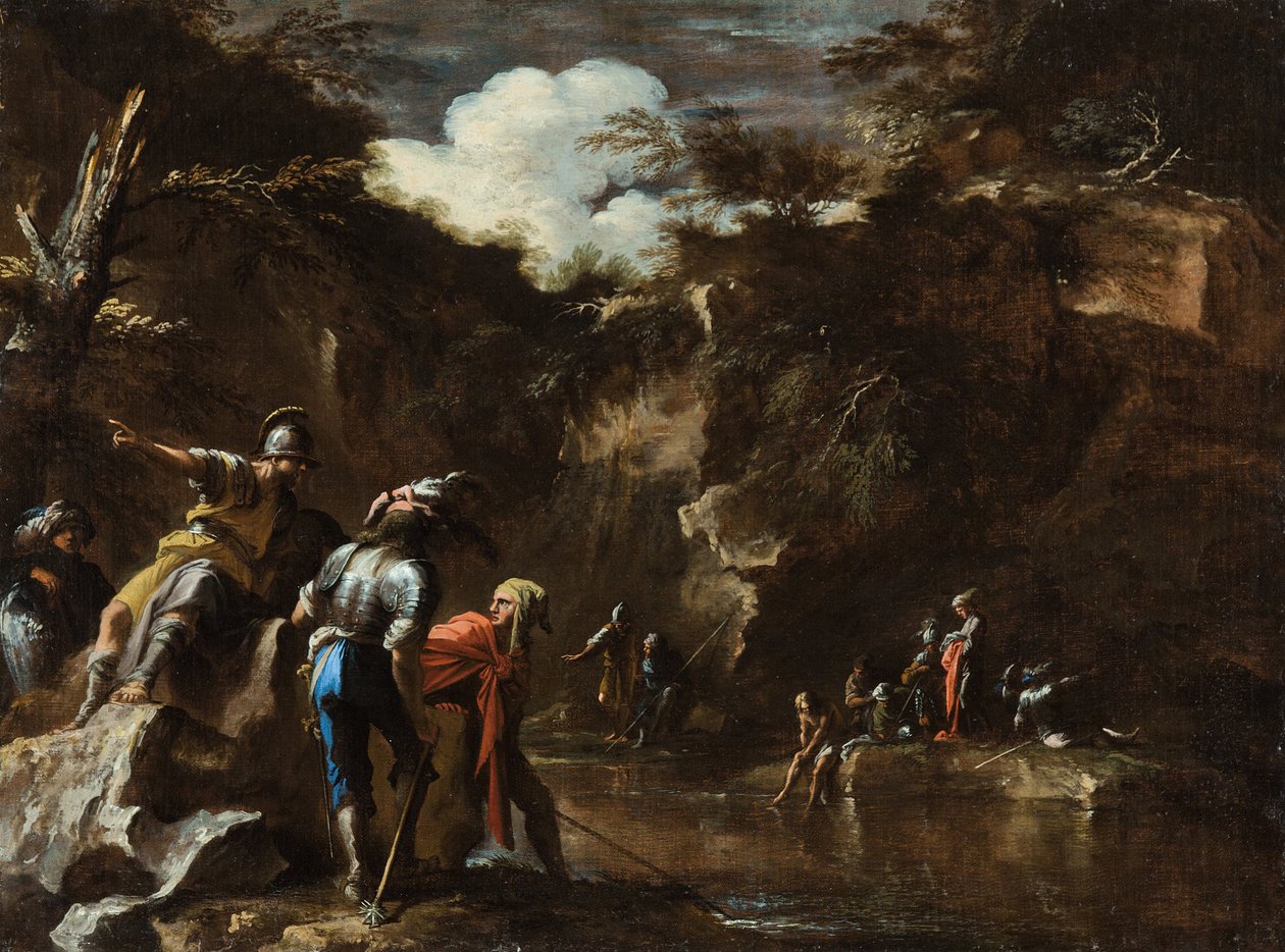 Escena de la historia griega: Tales haciendo que el río fluya a ambos lados del ejército lidio de Salvator Rosa