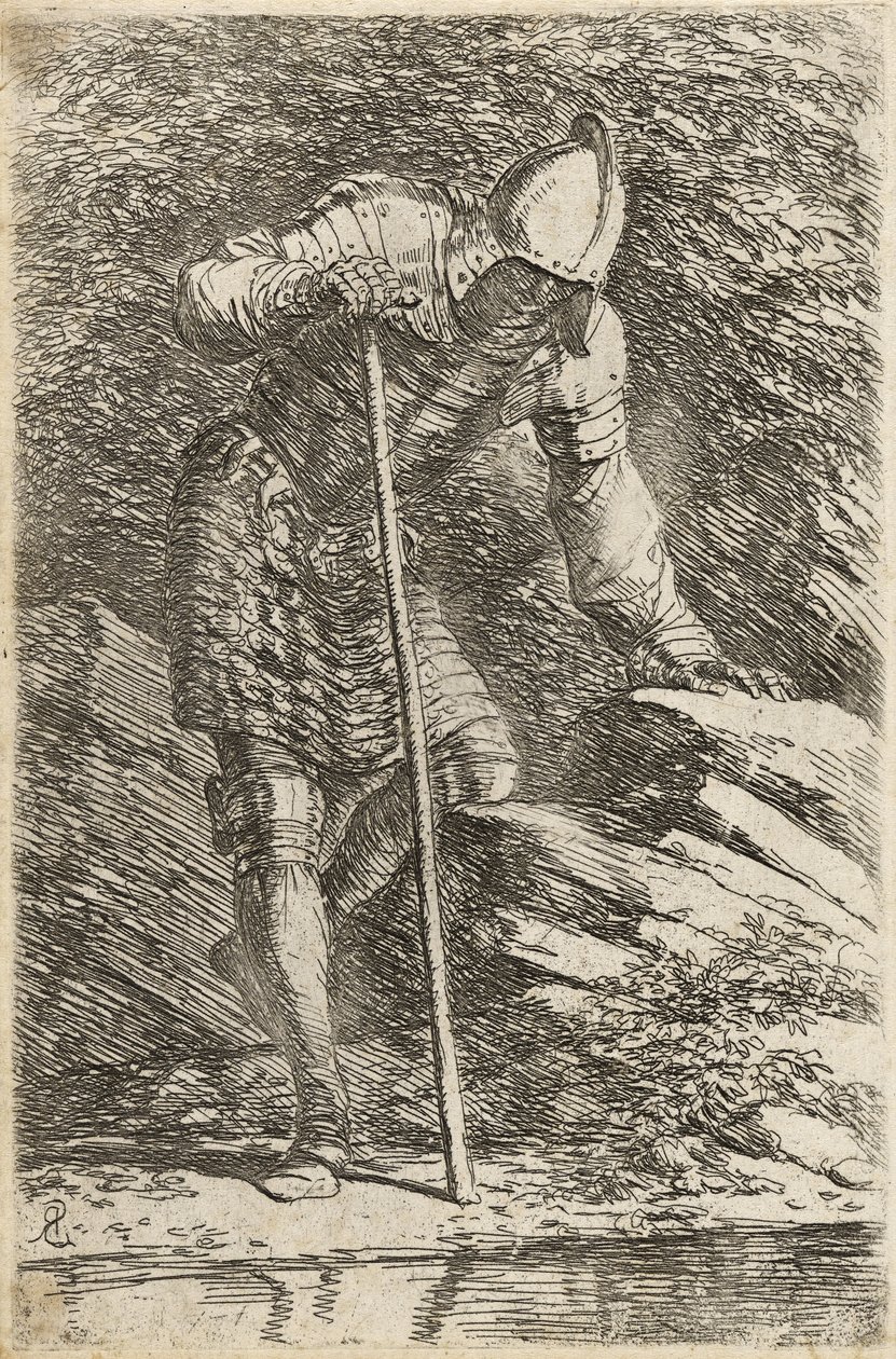 Soldado con Casco y Armadura Observando un Arroyo, c.1656-57 de Salvator Rosa