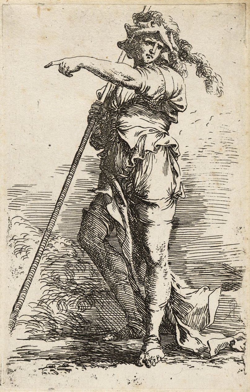 Guerrero de Pie, sosteniendo un bastón largo sobre su hombro y señalando, c.1656-57 de Salvator Rosa