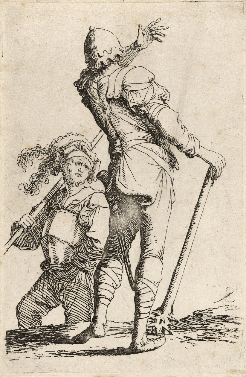 Dos Guerreros, uno sosteniendo una maza y llamando al otro, c.1656-57 de Salvator Rosa