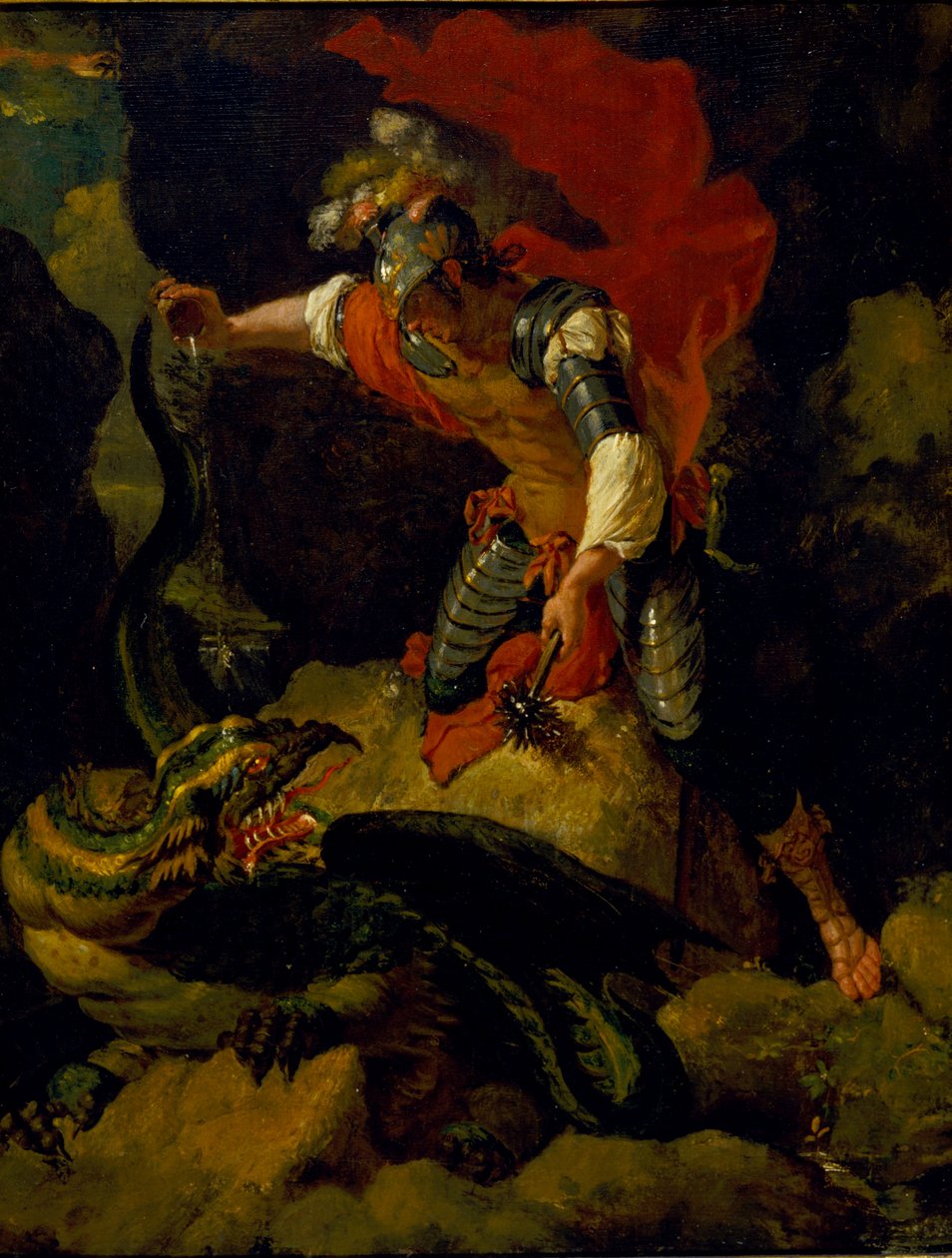 Jason envenenando al dragón (óleo sobre tabla de roble) de Salvator (after) Rosa
