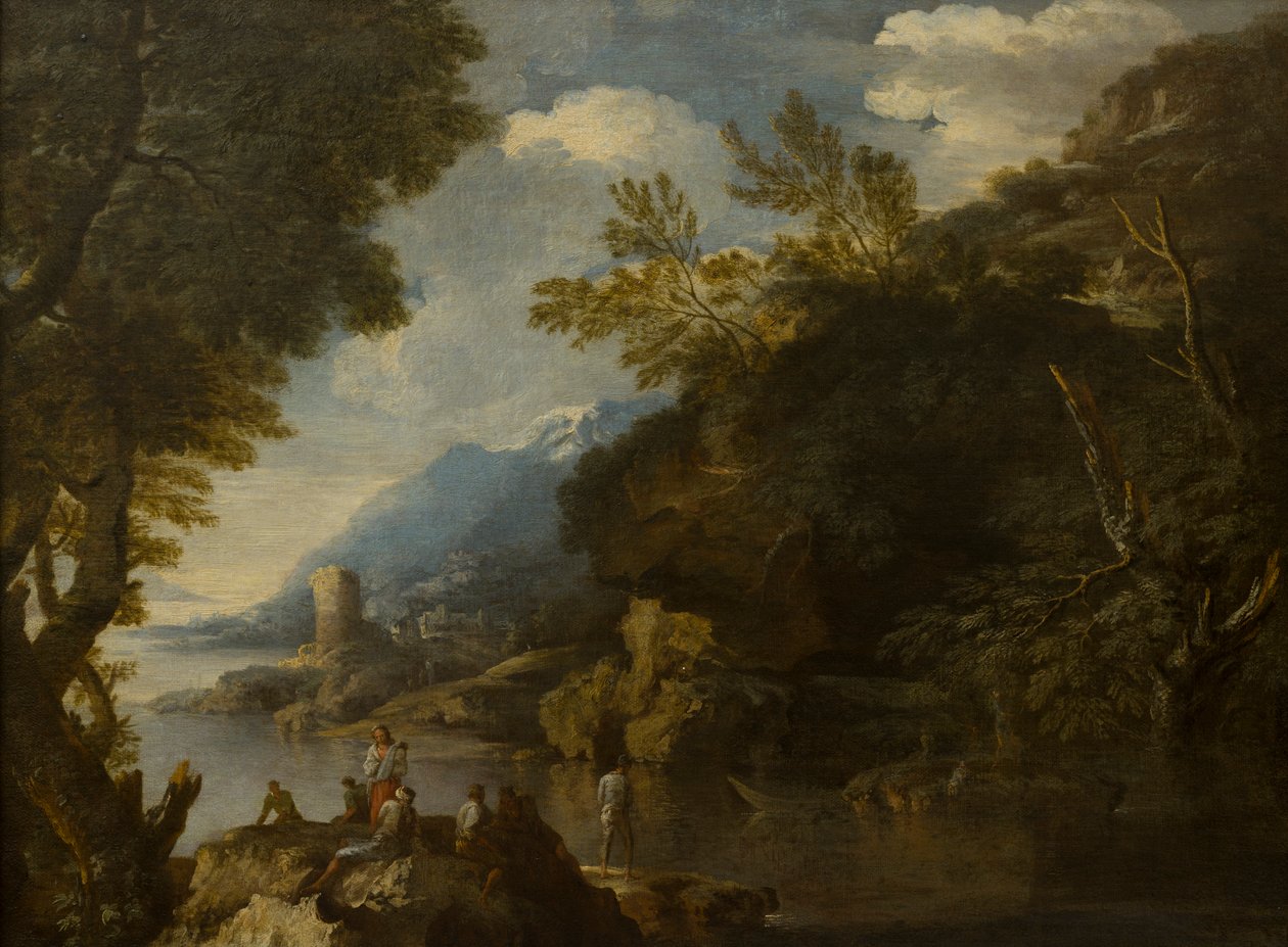 Paisaje con figuras y barcos, c.1635-73 (óleo sobre lienzo) de Salvator (follower of) Rosa