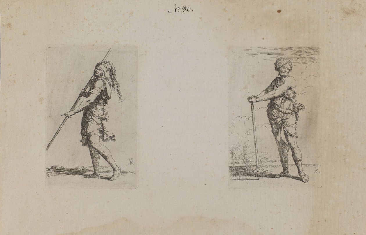 (Serie de figuras) Hombre con sombrero de plumas, vista lateral de Salvator Rosa