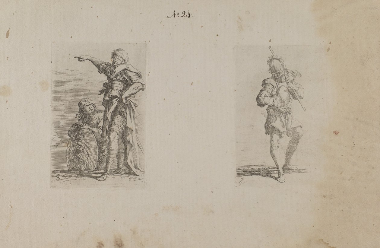 (Serie de figuras) Dos hombres, uno apuntando a la izquierda, el otro arrodillado de Salvator Rosa