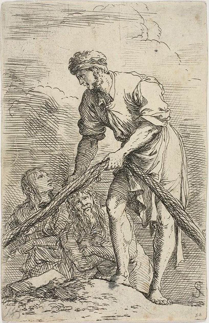 Un hombre tirando de una red, con dos figuras detrás de él, de la serie Figurine de Salvator Rosa