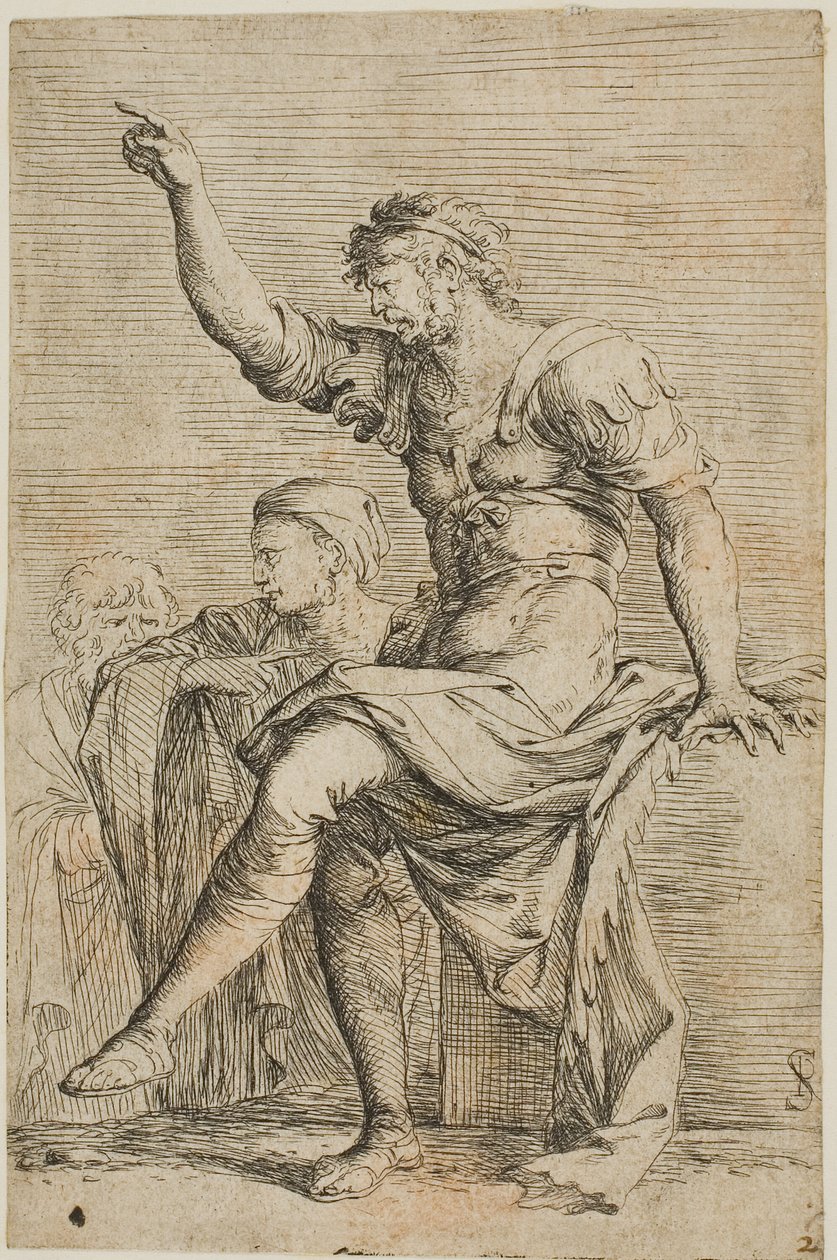 Un guerrero se sienta en un bloque y gesticula; dos figuras están detrás de él, de la serie Figurine de Salvator Rosa