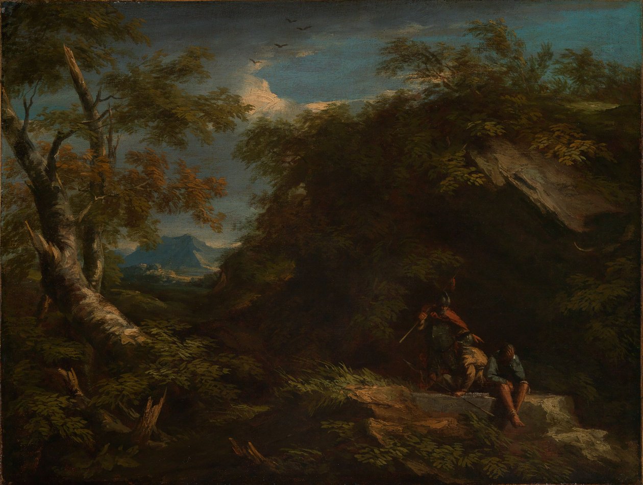 Paisaje forestal montañoso con guerreros descansando de Salvator Rosa