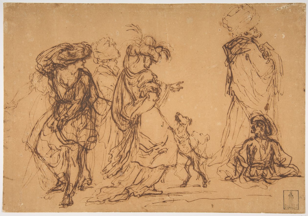 Fünf Figuren in fantastischen Kostümen mit zwei Hunden de Salvator Rosa
