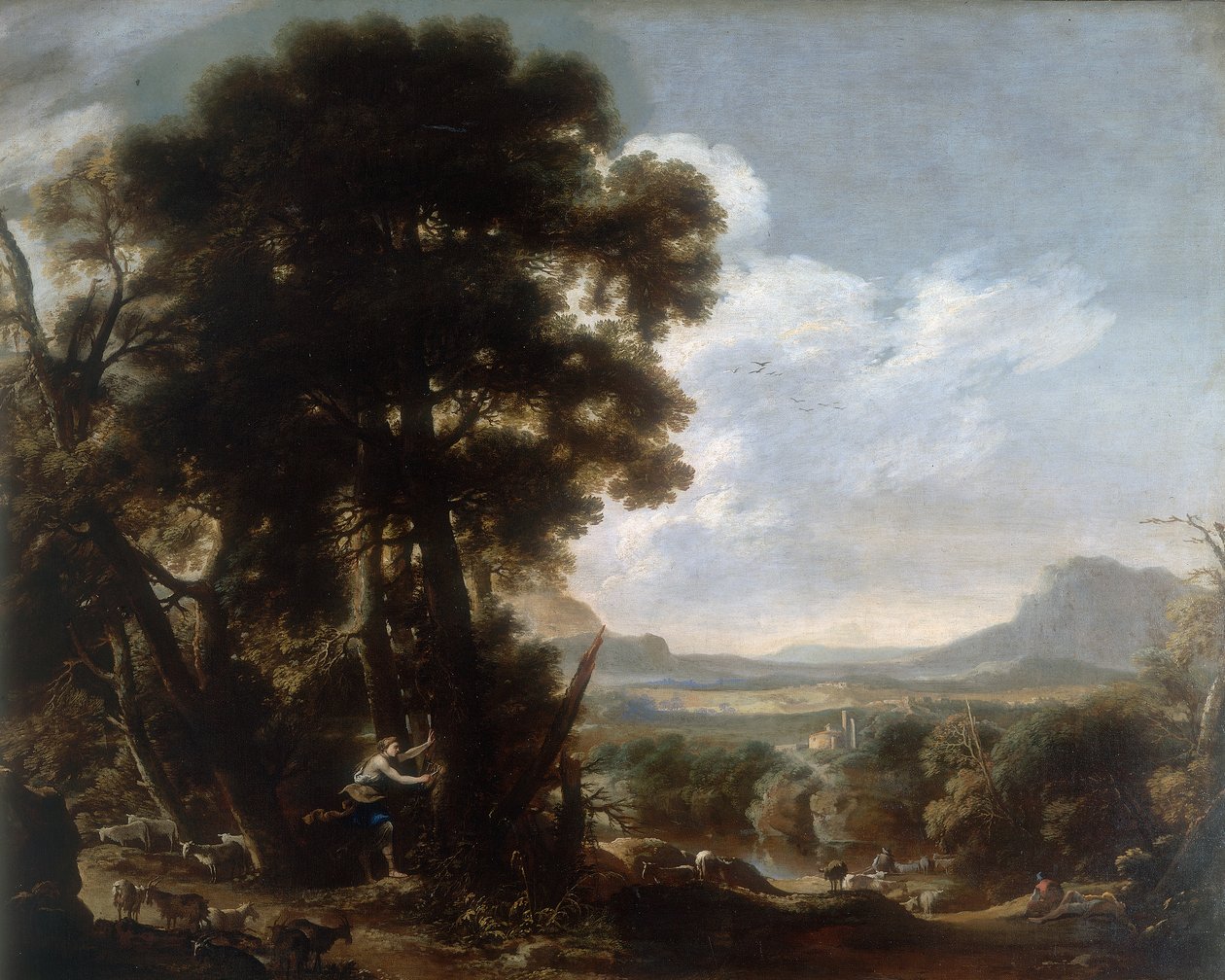 Hermina talla el nombre Tancredi en un árbol, conservado en la Galleria Estense en Módena de Salvator Rosa