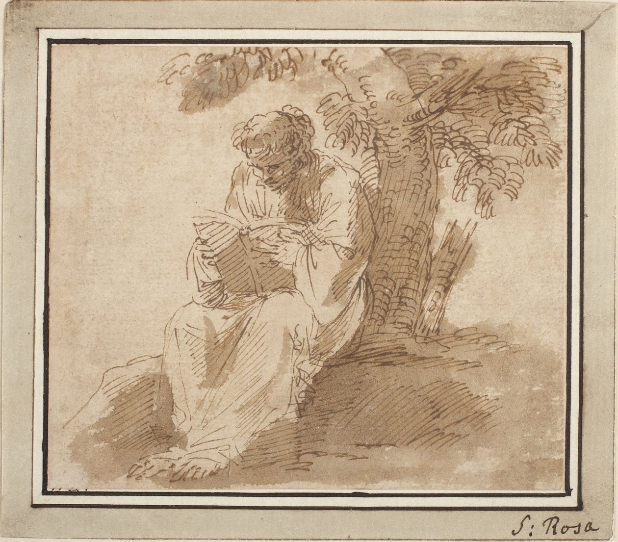 Figura juvenil sentada leyendo bajo un árbol de Salvator Rosa