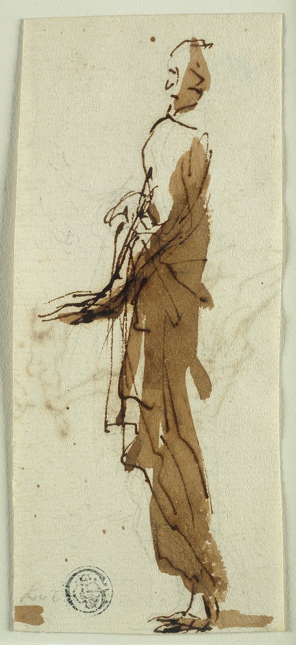 Figura drapeada de perfil (anverso); Masacre de los inocentes (reverso) de Salvator Rosa