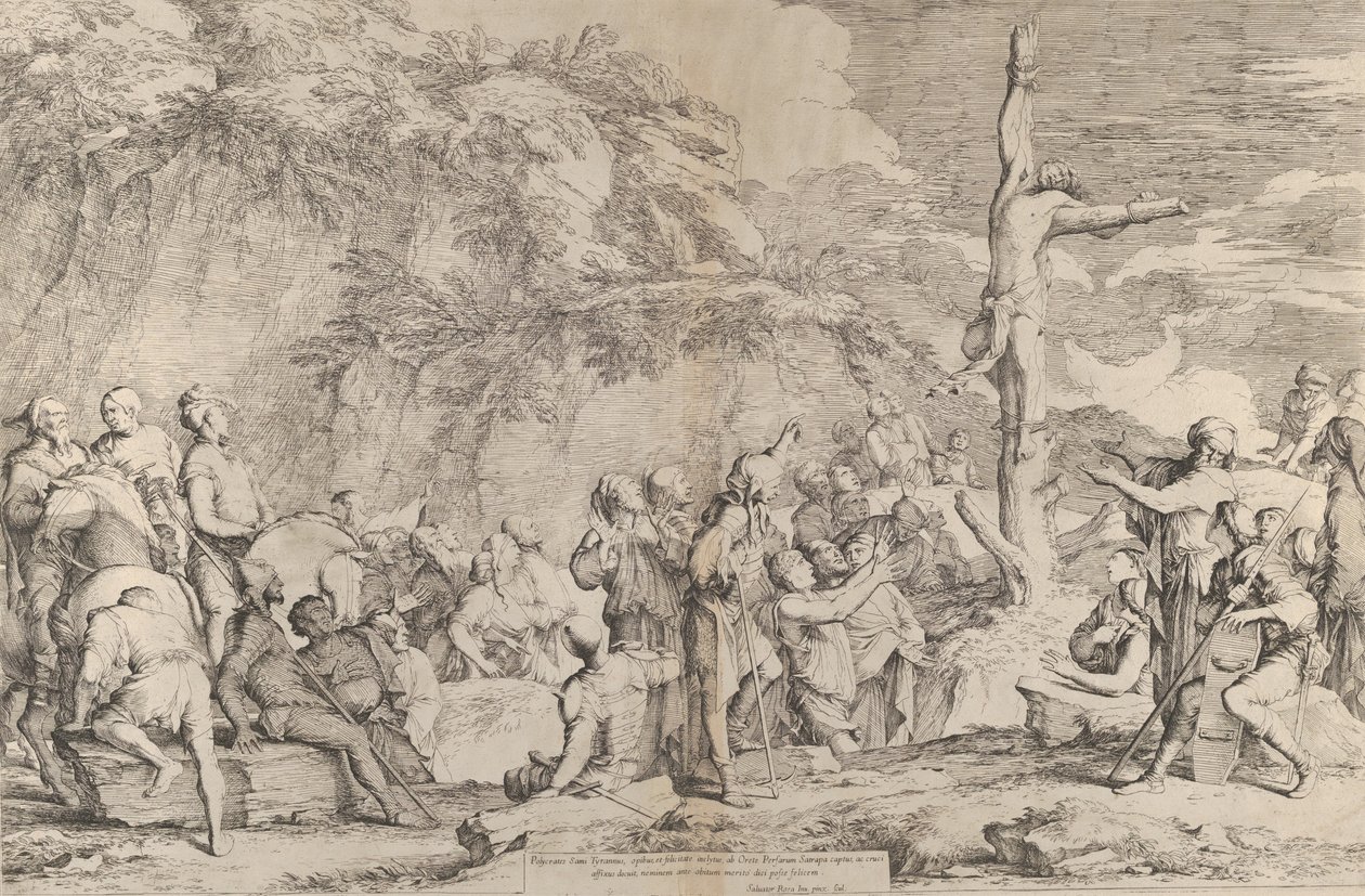 La crucifixión de Polícrates el tirano tras su captura por los persas de Salvator Rosa