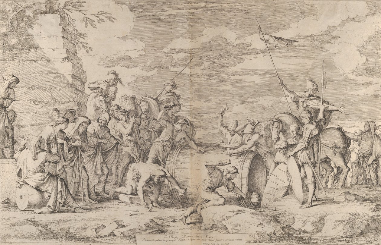 La muerte de Marco Atilio Régulo, mostrado siendo clavado en un barril por los cartagineses, ca. 1661-62 de Salvator Rosa