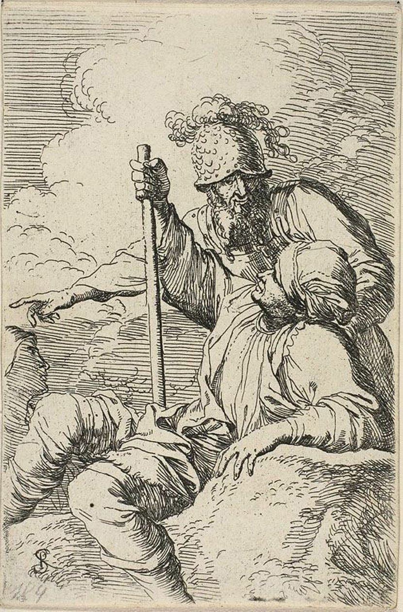 Tres guerreros, uno sentado en una roca en primer plano sosteniendo un bastón; el segundo de pie detrás de él y señalando, el tercero visto como una cara detrás de ellos, de la serie Figurine de Salvator Rosa